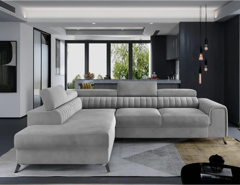 Szürke bársony kinyitható-tárolóhelyes sarokkanapé (bal oldali-L alakú) Laurence – ELTAP