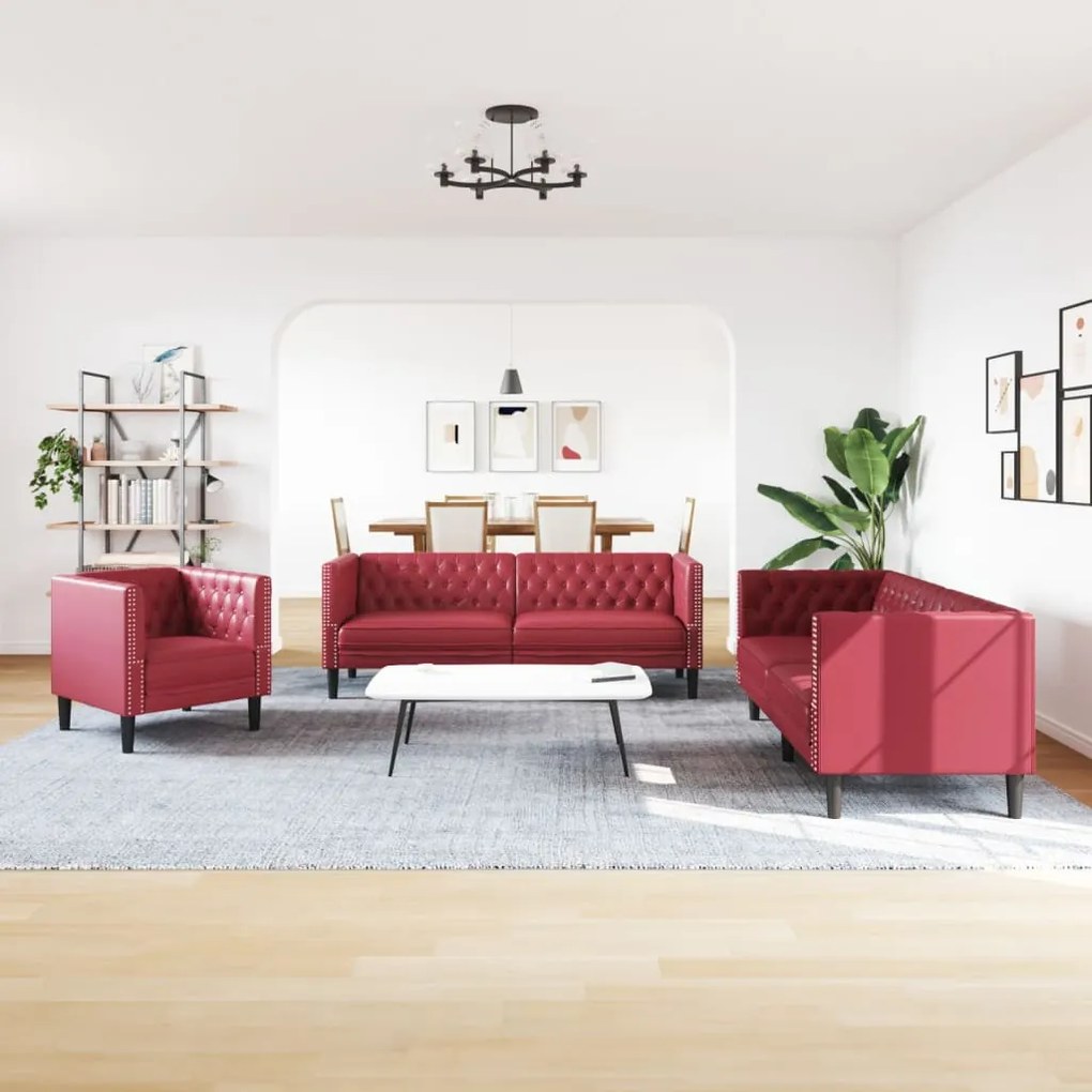 3 részes bordó bársony Chesterfield kanapészett hengerpárnákkal