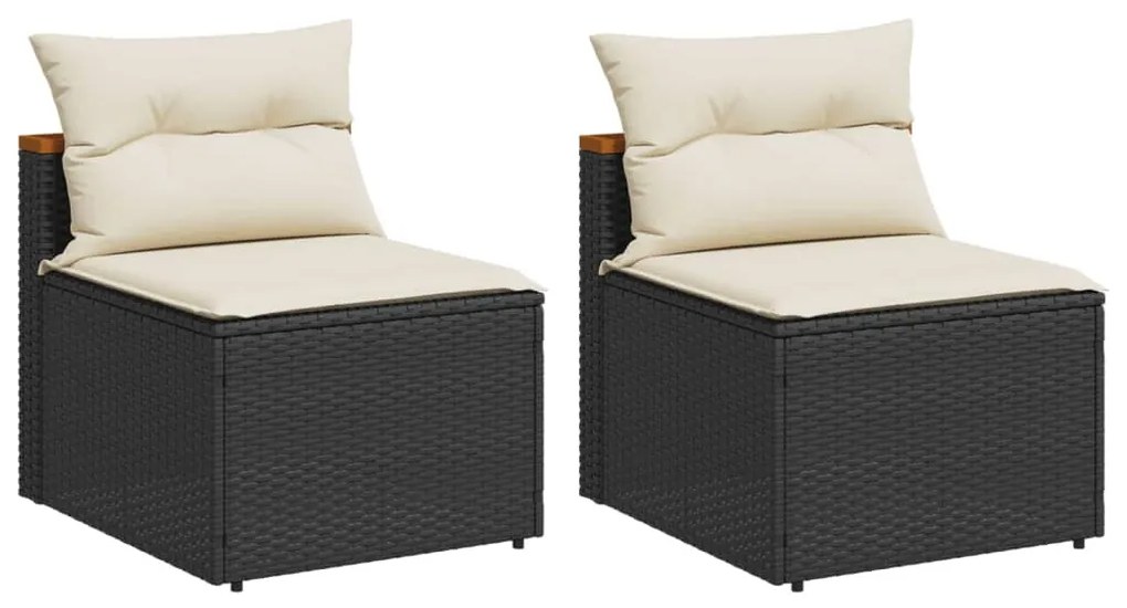 2 db fekete polyrattan karfa nélküli kerti kanapé párnákkal