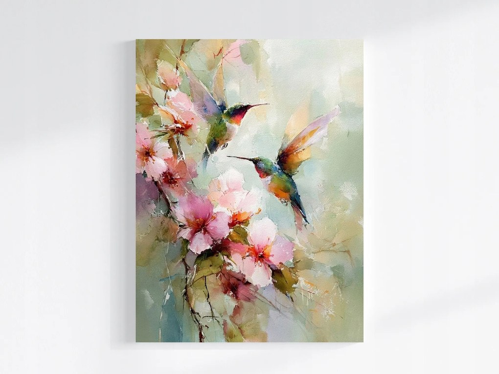 Vászonkép Canvas Akvarell Természet Virágok Madár Kolibri Boho 75x100