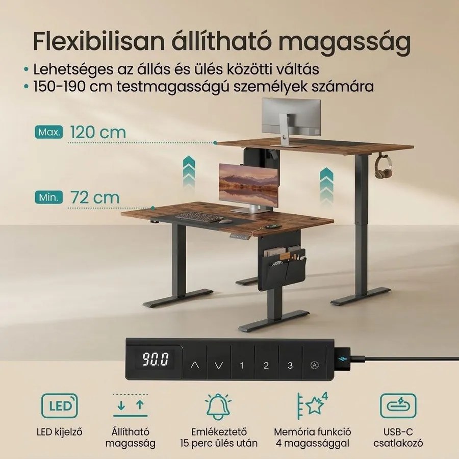Állítható magasságú elektromos íróasztal memória funkcióval 120x60 cm, vintage barna/alapfekete