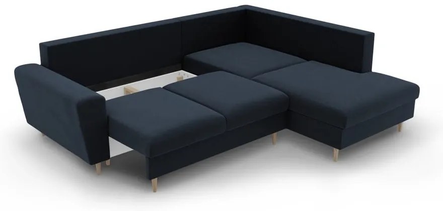 Sötétkék bársony kinyitható tárolóhelyes sarokkanapé (jobb oldali-L alakú) Kyoto – Cosmopolitan Design