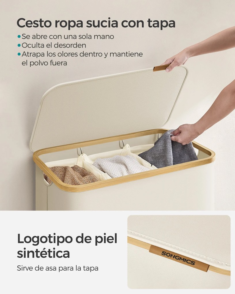 Fedeles mosókosár, 3 részes, 150L, levehető bélés, összecsukható, krémfehér