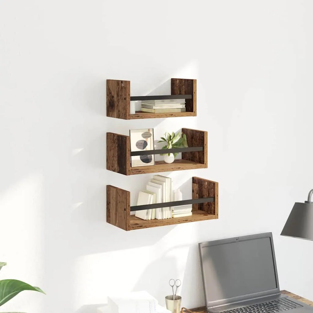 Fali polc készlet polcokkal 3 pcs Öreg fa 40x16x14cm Faanyag
