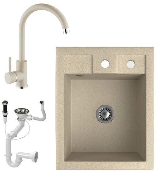 Gránit Mosogató NERO Parma + magasított csaptelep + dugóemelő + szifon (bézs)