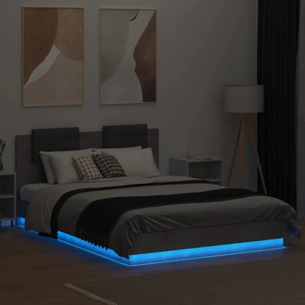 betonszürke ágykeret fejtámlával és LED-világítással 140x200 cm
