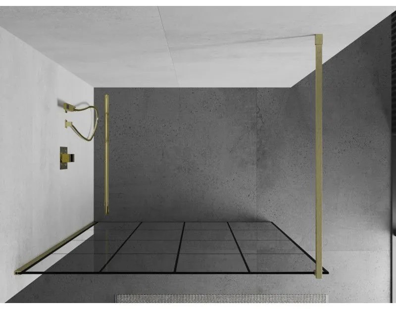 Mexen Kioto, Walk-In zuhany paraván 150 x 200 cm, 8 mm átlátszó üveg fekete mintás, arany matt profil, 800-150-101-55-77
