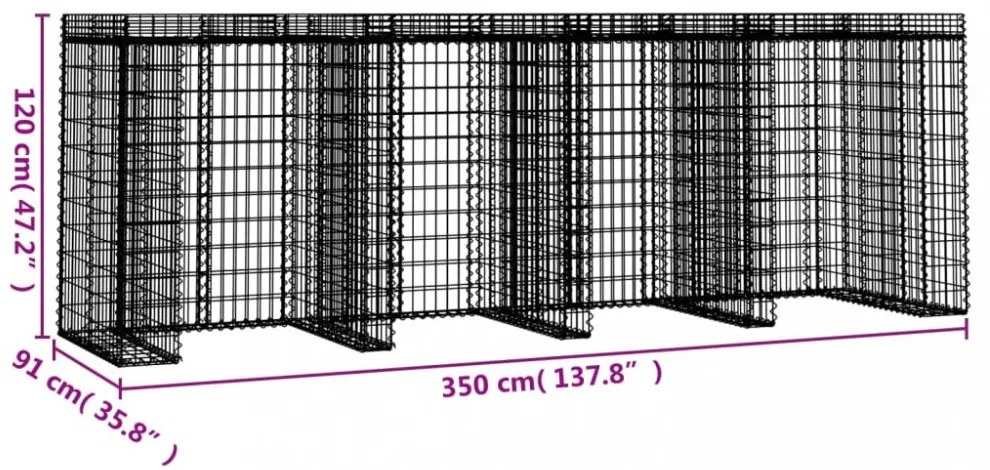 horganyzott vas gabionkosár szemeteskukához 350 x 91 x 120 cm