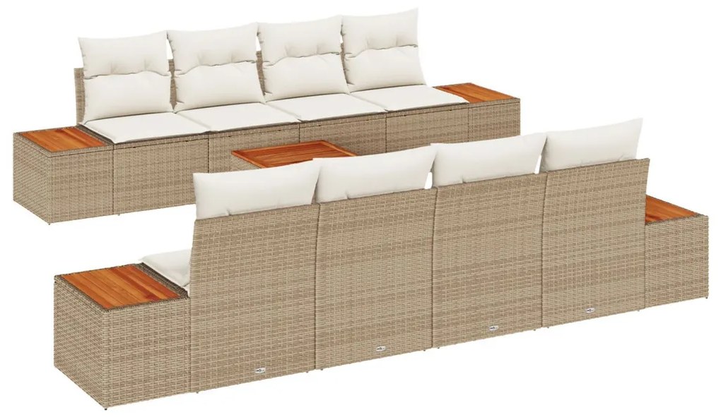 9 részes Kerti Sofa Szett Párnákkal Bézs Poli Rattan Akáciából