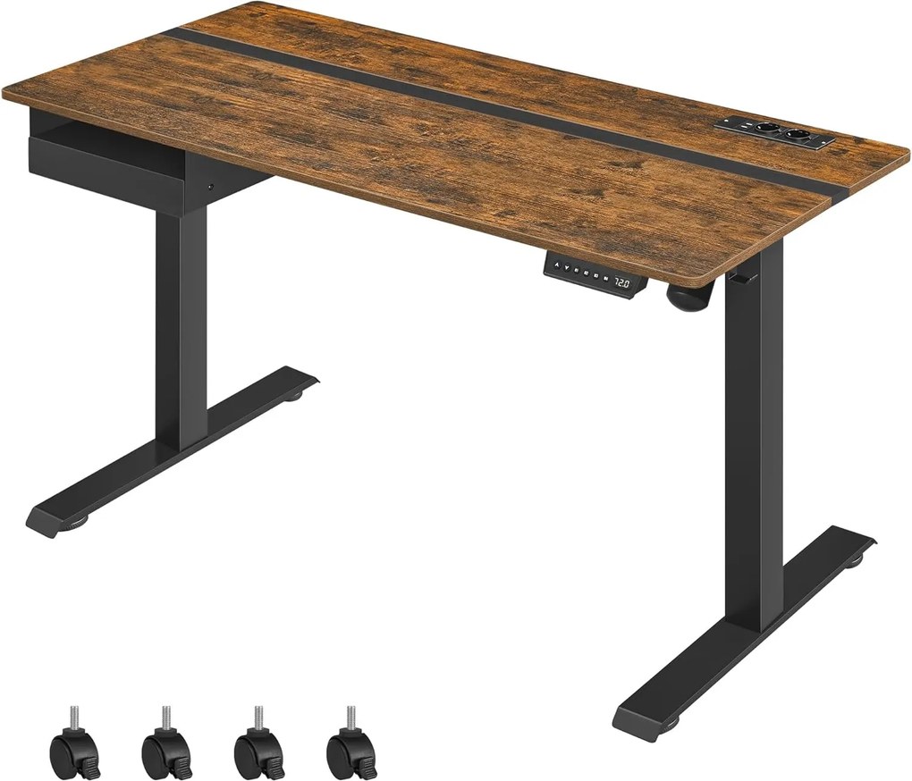 Elektromosan állítható íróasztal beépített aljzatokkal, 2 USB-porttal, fiókkal és 4 memóriahellyel, 140 x 60 x 72–120 cm, vintage barna/fekete
