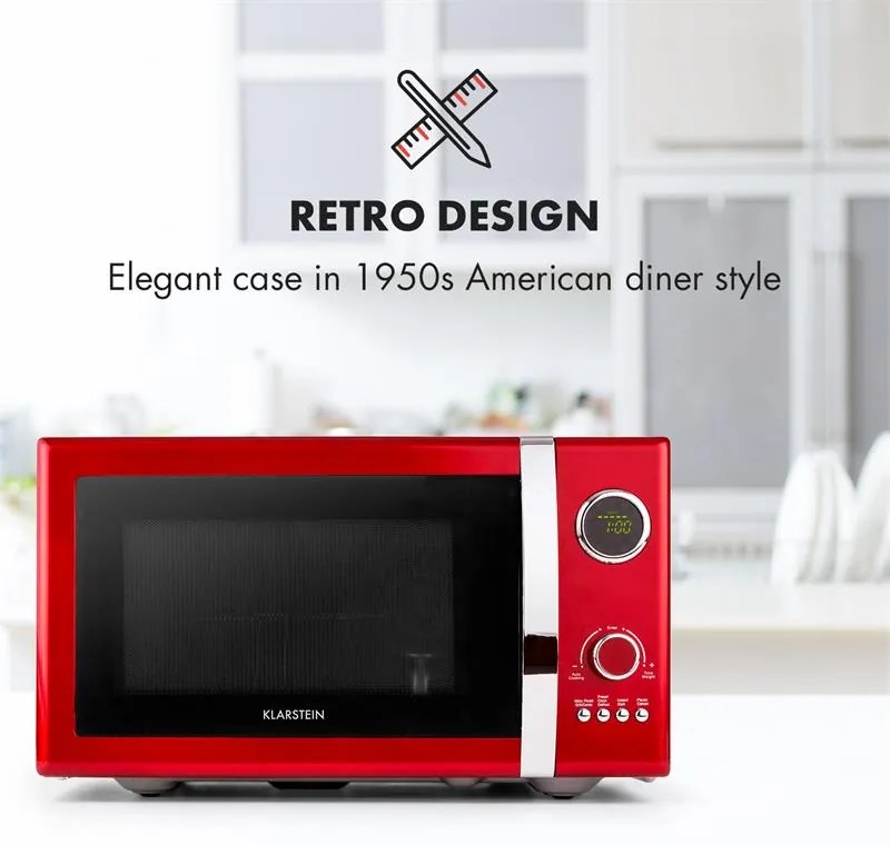 Klarstein Fine Dinesty, 2 az 1-ben mikrohullámú sütő, 23 l, 800 W, grill: 1000 W, retró, 12 program, piros
