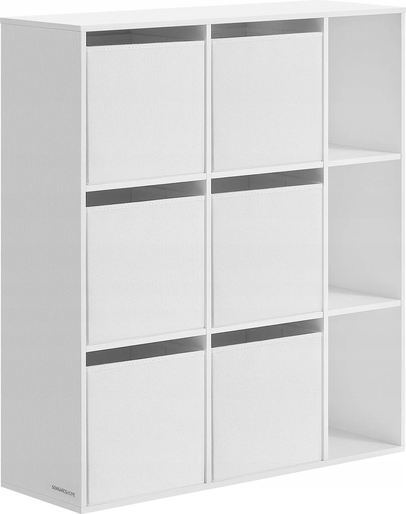 Könyvespolc 9 polc dobozokkal fehér játékok 6 textil tároló