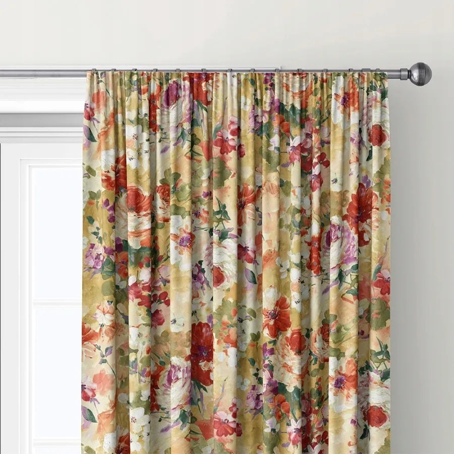 Virágmintás Függöny, Mézszínű Velvet Szalaggal 145cm széles x 220 cm magas