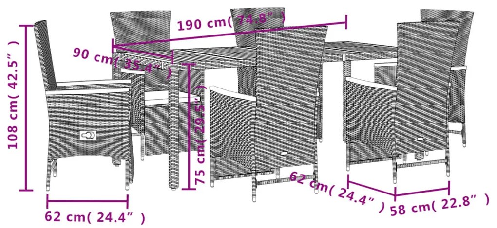 7 részes fekete polyrattan kerti étkezőgarnitúra párnával