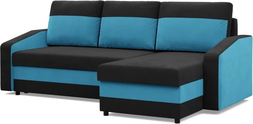 Hewlet sarokkanapé, 2 ágyneműtartóval, szövet anyag, univerzális oldal, bonell töltet, fekete - kék