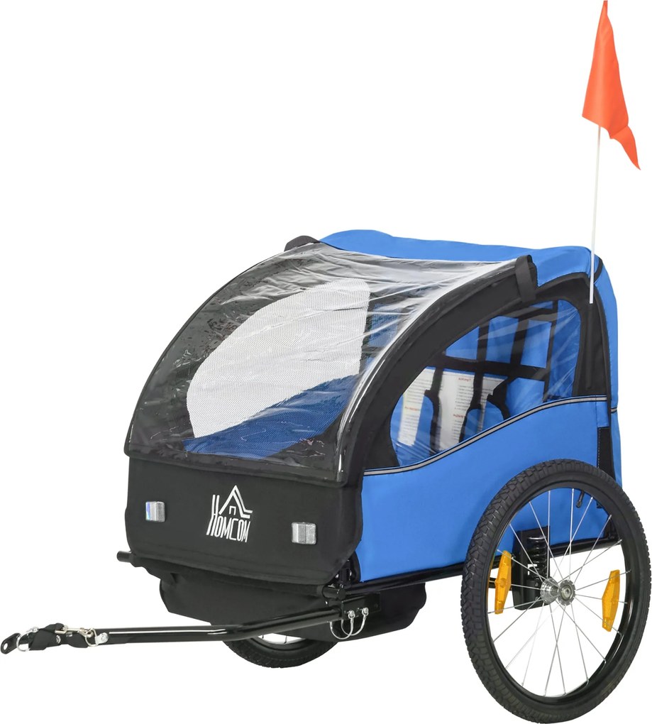 HOMCOM Gyerek Biciklis Kocsis Trailer 18 Hónapos Kortól 2 Fős Babakocsi Biztonsági Övvel, Tárolóhellyel és Lengéscsillapító Rendszerrel 140x88x90 cm K