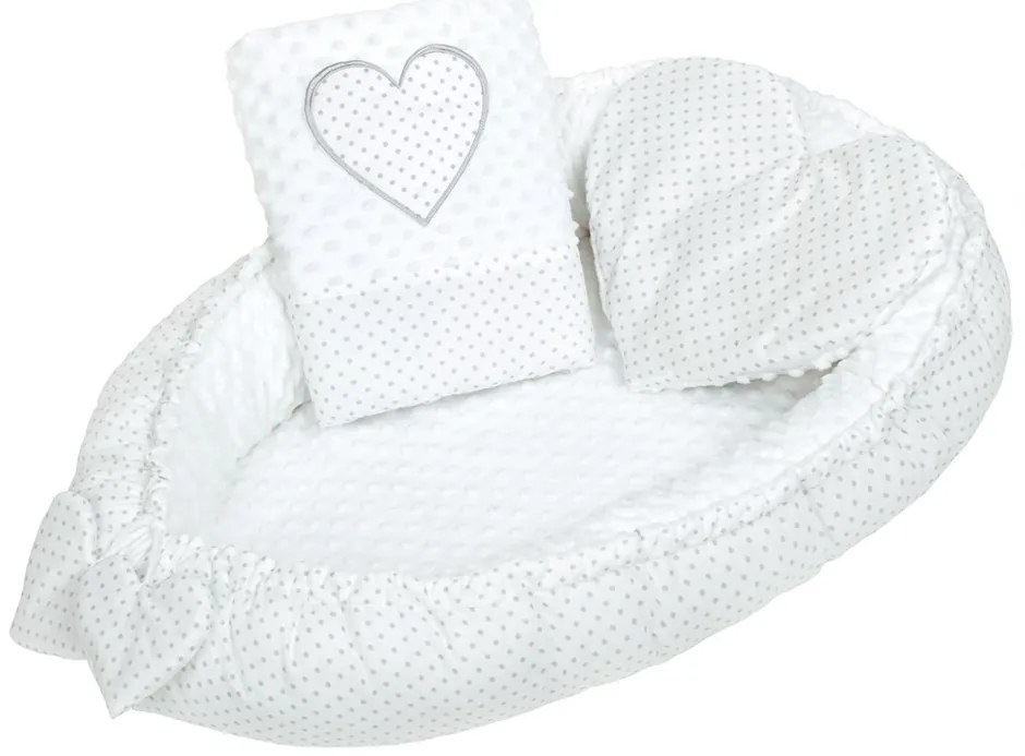 New Baby Szív luxus fészek párnával és takaróval, Minky, fehér