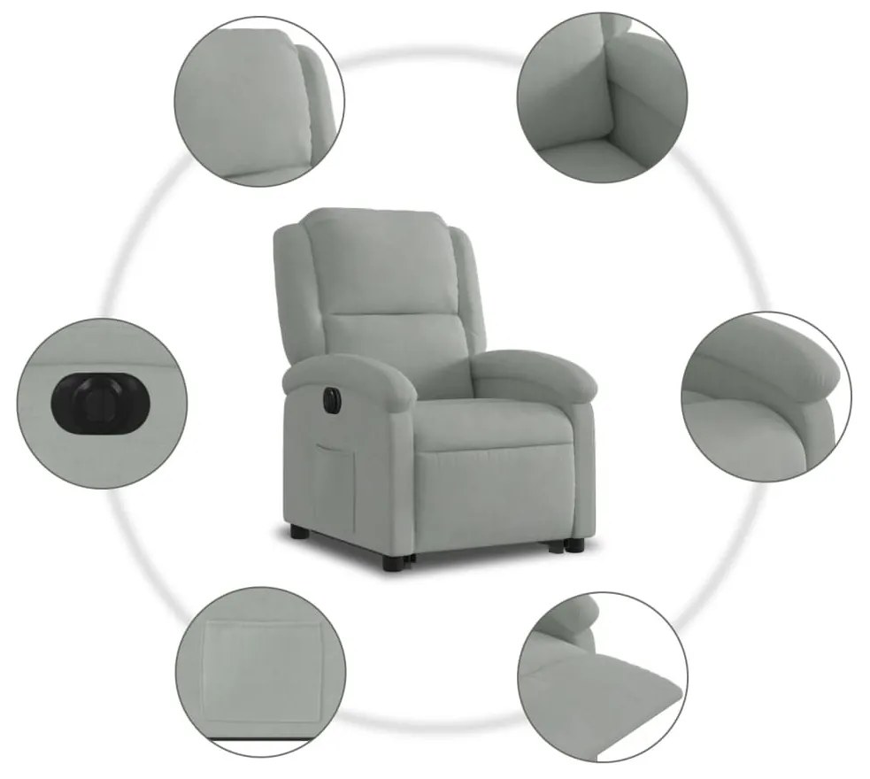 elektromos felállást segítő világosszürke bársony fotel