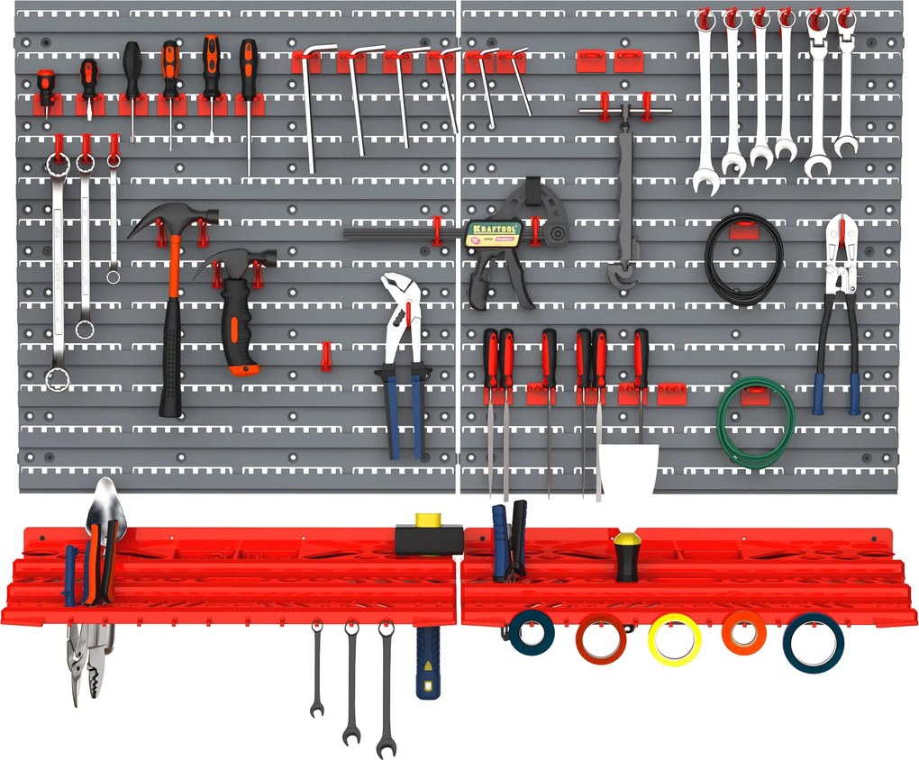 DURHAND Szerszám Pegboard Fali Polc 54 db Szerszámtartó Szerszám Készlet PP Szürke+Piros 95,5 x 23 x 53,5 cm | Aosom