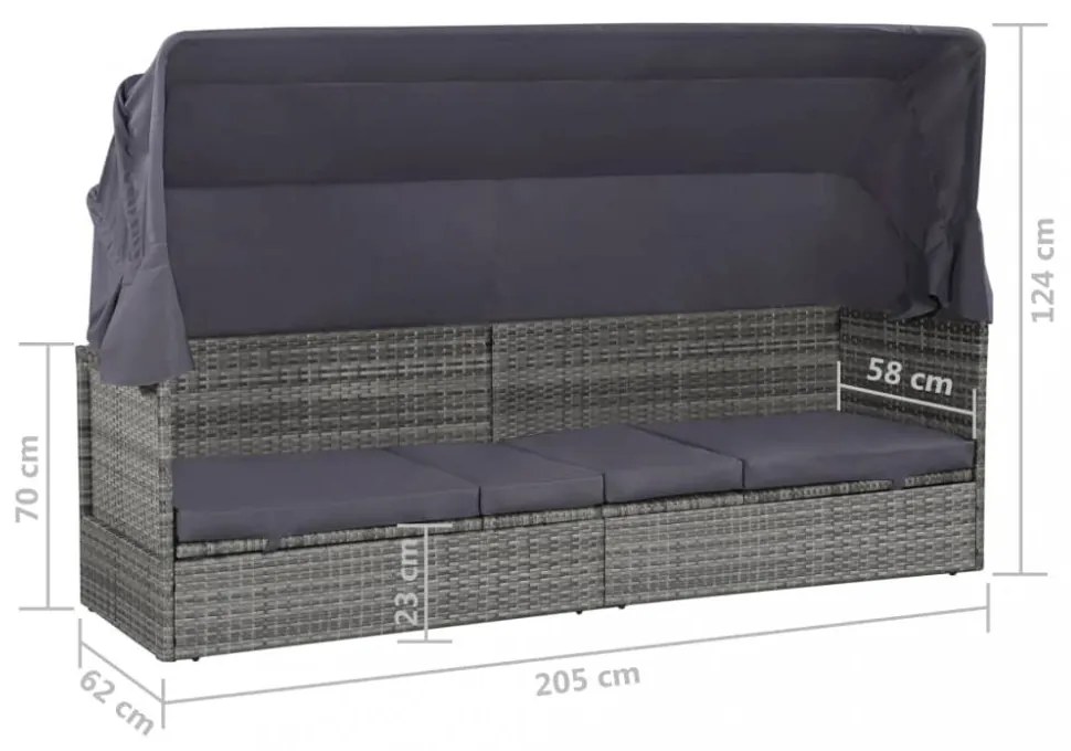 szürke polyrattan napellenzős kerti ágy 205 x 62 cm