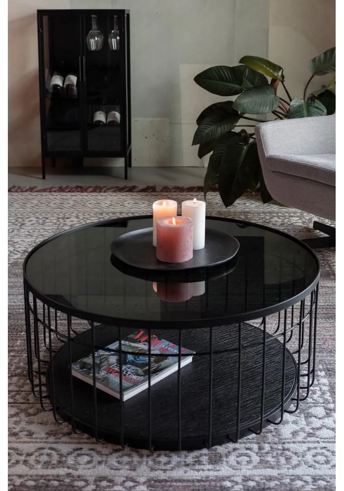 Fekete kerek dohányzóasztal üveg asztallappal 80x80 cm Lance – White Label