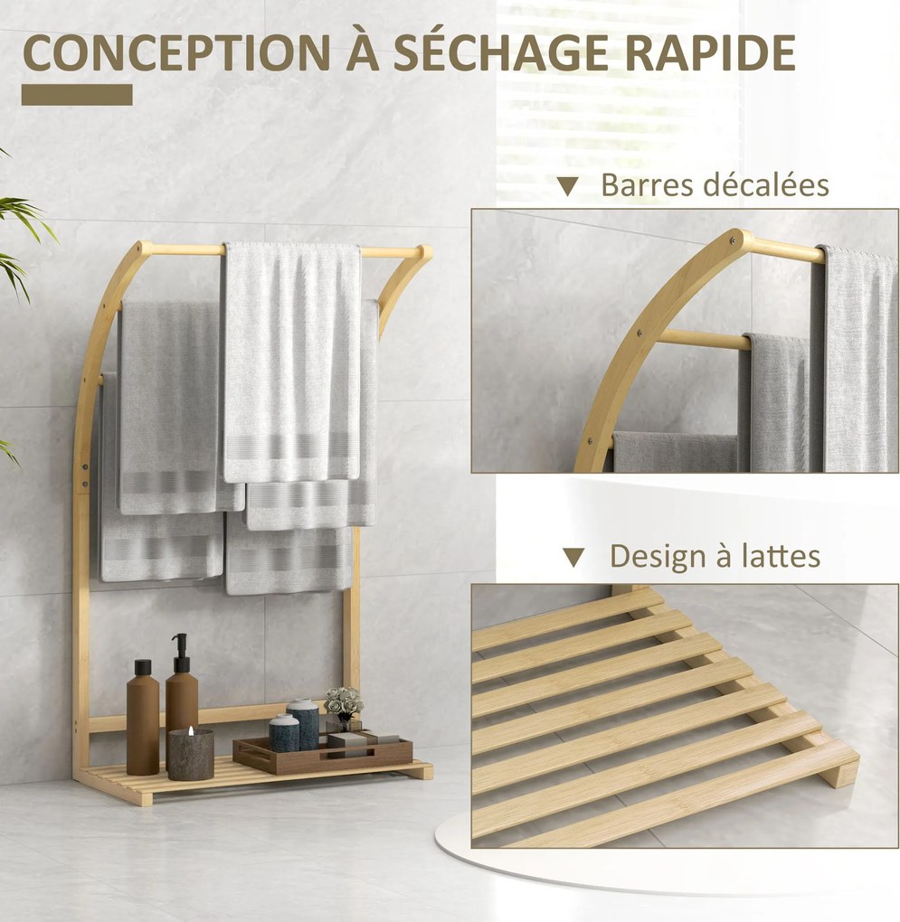 HOMCOM Bambusz Törölközőtartó 3 Rúddal és Tárolópolccal, Szabadonálló Törölközőtartó Fürdőszobába és Mosókonyhába, Természetes Finishel | Aosom