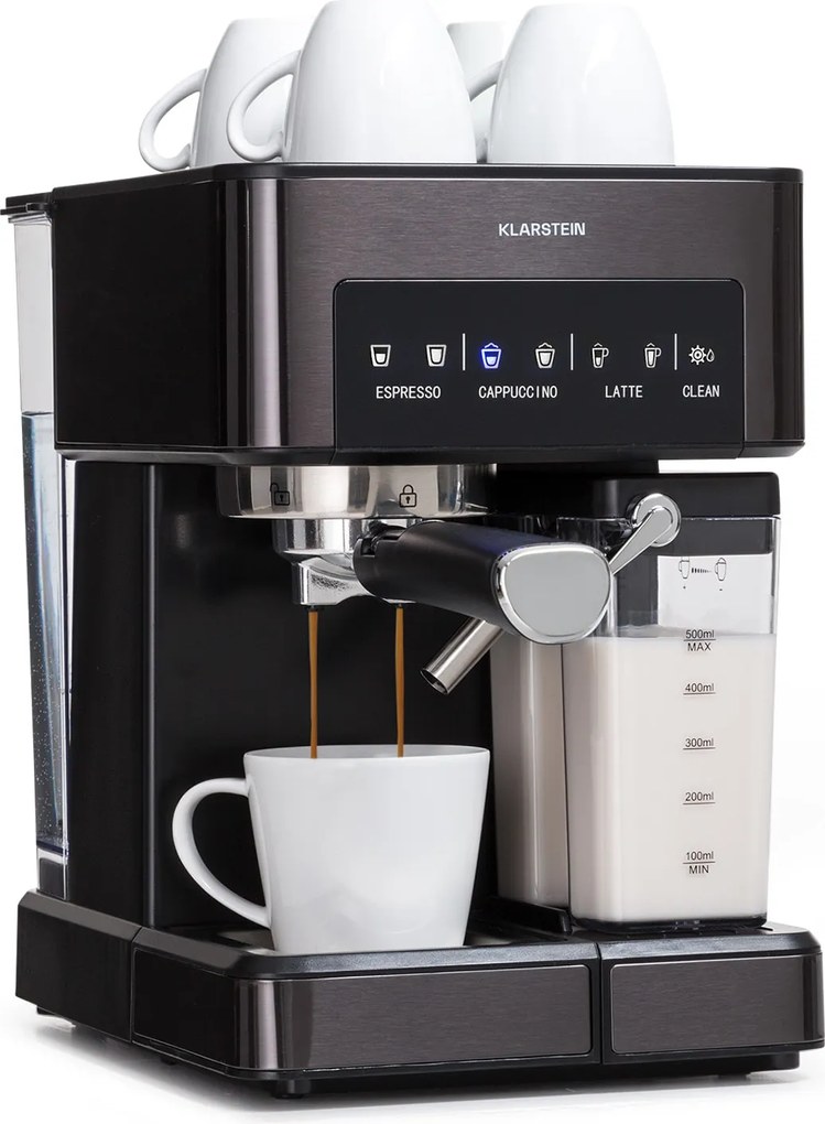 Klarstein Arabica Comfort, kávégép portaszűrővel, 1350 W, 20 bar, 1,8 l, érintőképernyő