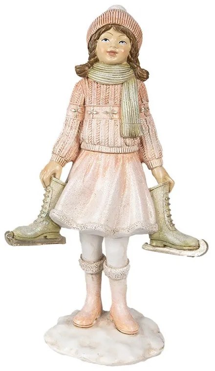 Rózsaszín ruhás kislány korcsolyával karácsonyi dekorációs figura