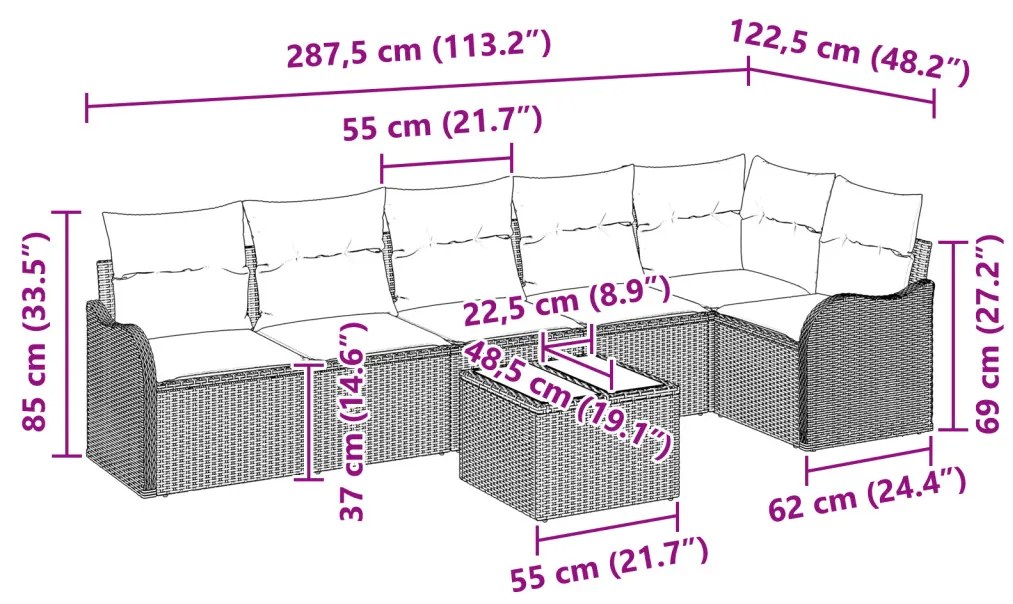 6 részes kerti kanapé szett párnákkal Szürke Poli rattan, 2 fős kerti kanapé párnákkal Barna Poli rattan