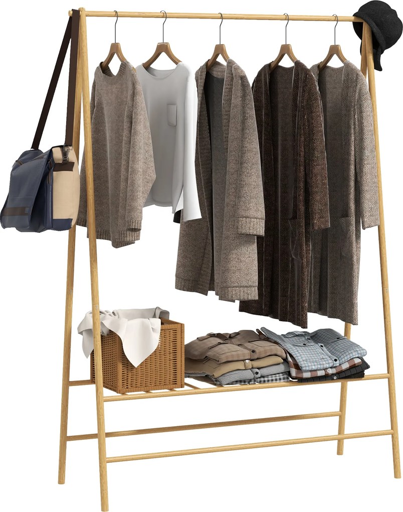 HOMCOM Ruhafogas Állvány Polcokkal, Kampókkal, Ruhatartó Rúddal Bambuszból Hálószobába, Kiállításokra, Mosókonyhába, Természetes Fa | Aosom