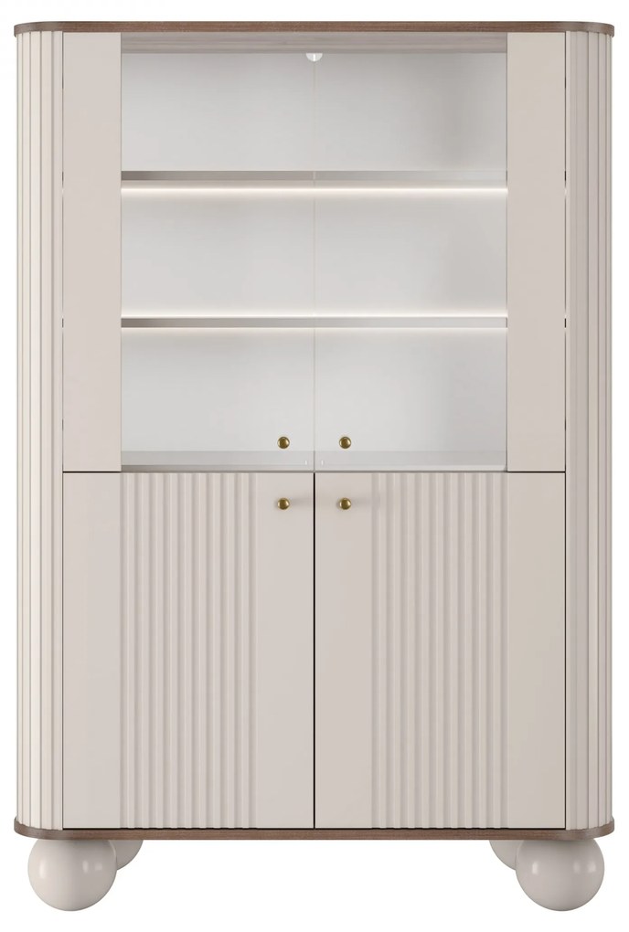 Vesper négyajtós vitrines szekrény 103 cm - kasmír / dió / arany fogantyúk / gömb lábak