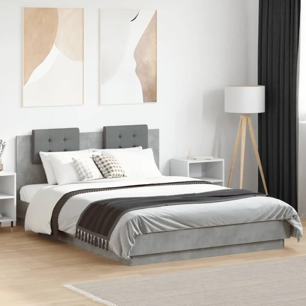 betonszürke ágykeret fejtámlával és LED-világítással 140x200 cm