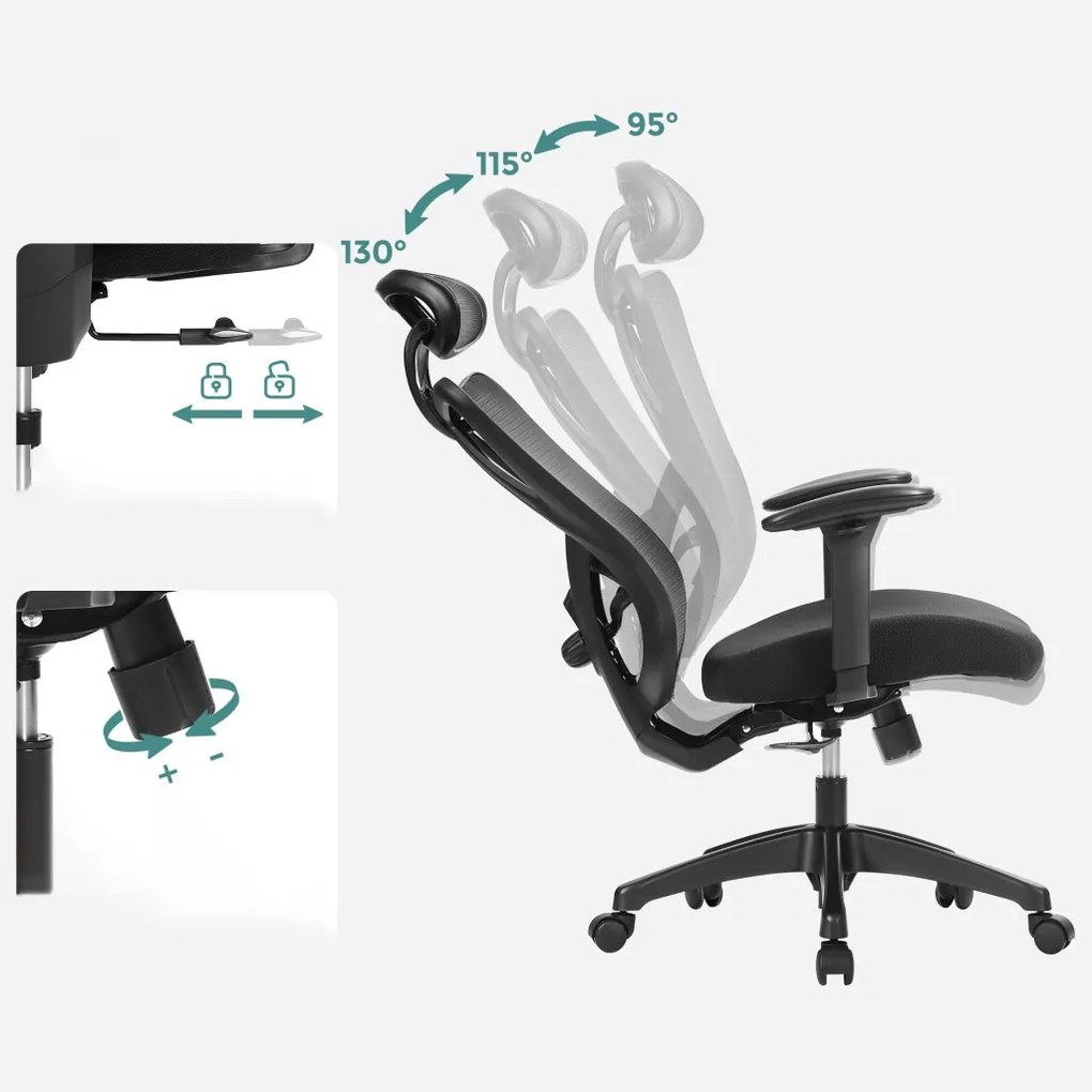 Irodai ergonomikus szék, állítható deréktámasszal és fejtámlával, fekete