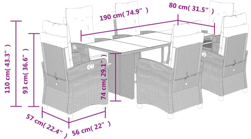 7-részes barna polyrattan kerti étkezőgarnitúra párnával