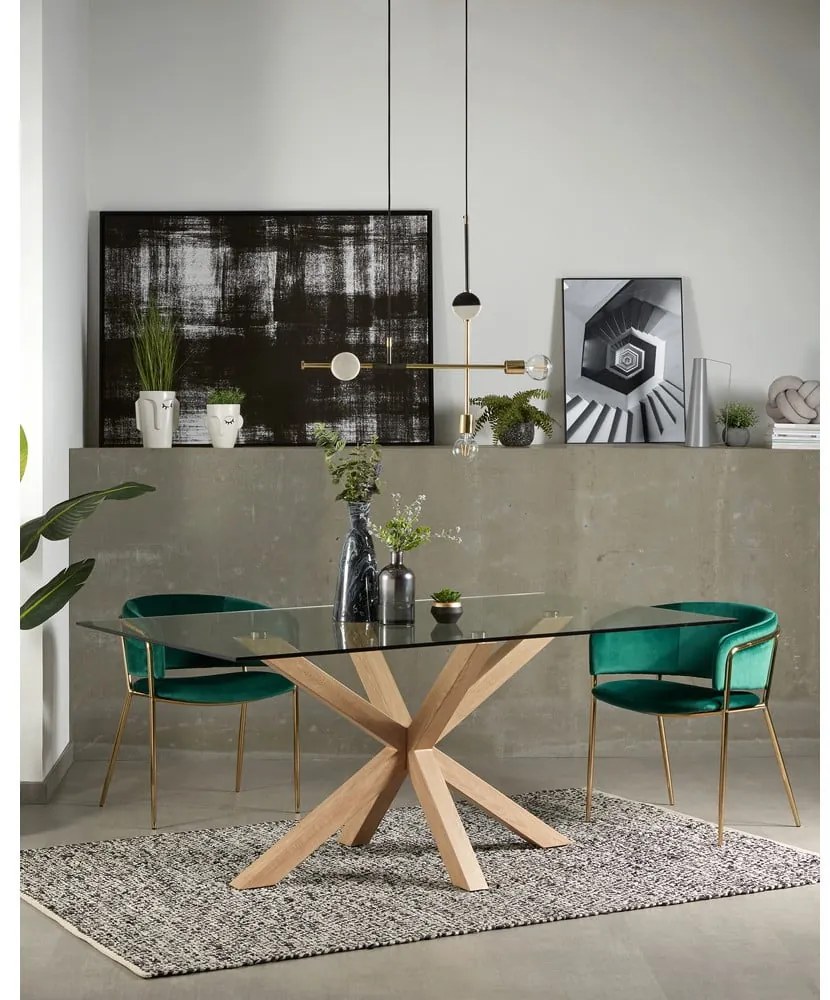 Üveg étkezőasztal természetes talpazattal, 160 x 90 cm - Kave Home
