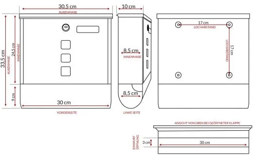 monzana® Postaláda 30,5x8,5x33,5 cm - fehér