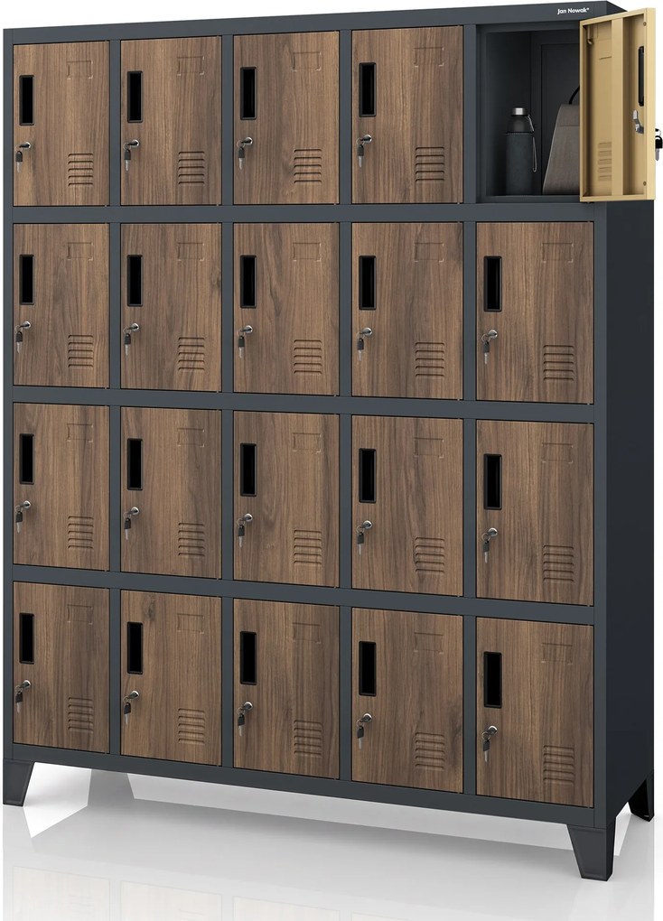 20 rekeszes, lábakon álló szociális szekrény, antracit/dió, 1360x1720x450 mm: ROBERT Eco Design