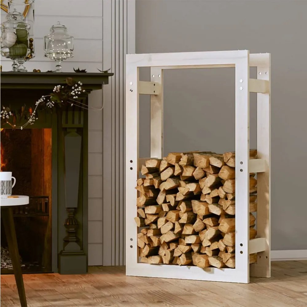 fehér tömör fenyőfa tűzifatartó állvány 60 x 25 x 100 cm