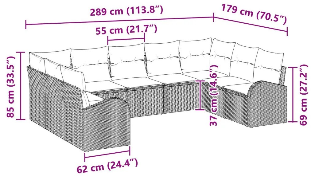 9 részes kerti kanapészett párnákkal, szürke poli rattan