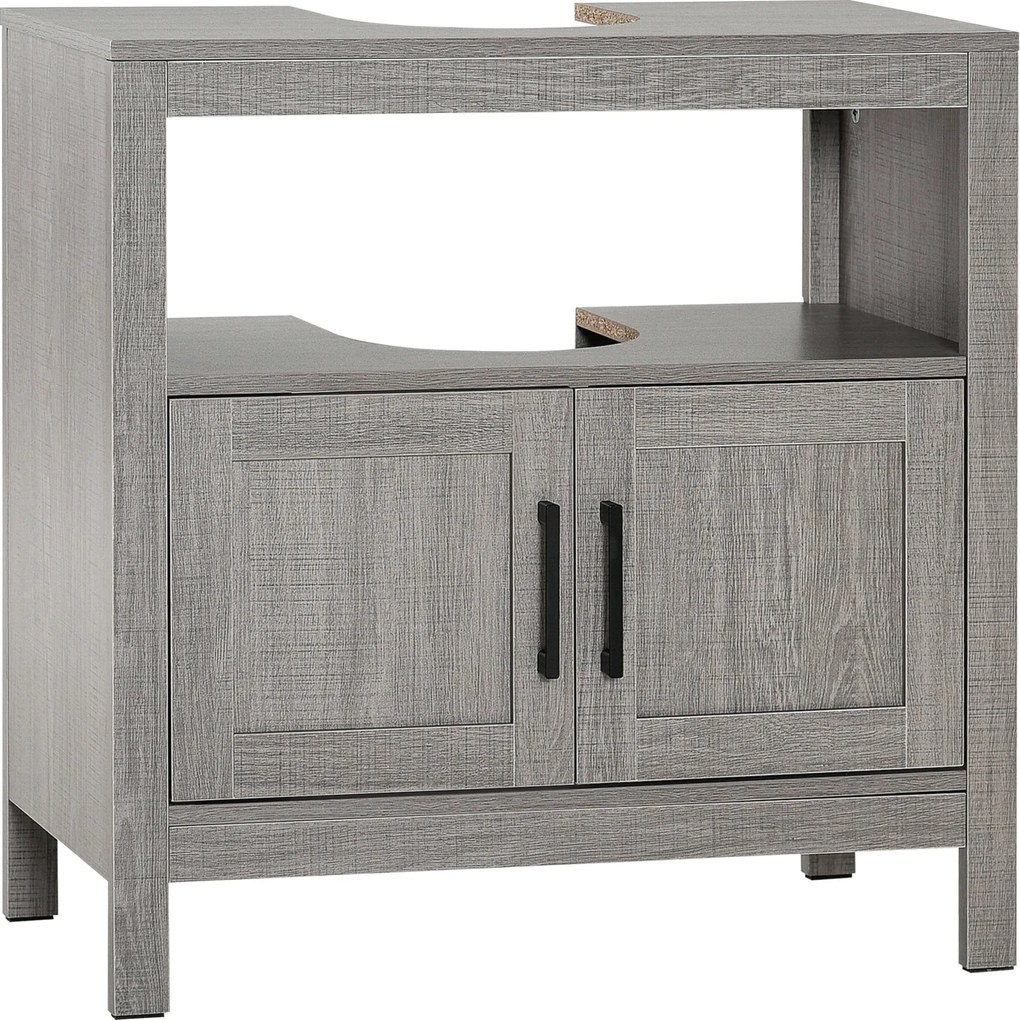 Kleankin Mosdó Alatti Szekrény Fa Padló Szekrény 2 Ajtóval és Nyitott Polccal Modern Stílusban 60x30x60 cm Szürke | Aosom