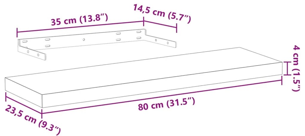 4 db szerelt fa függőpolc 80 x 23,5 x 4 cm