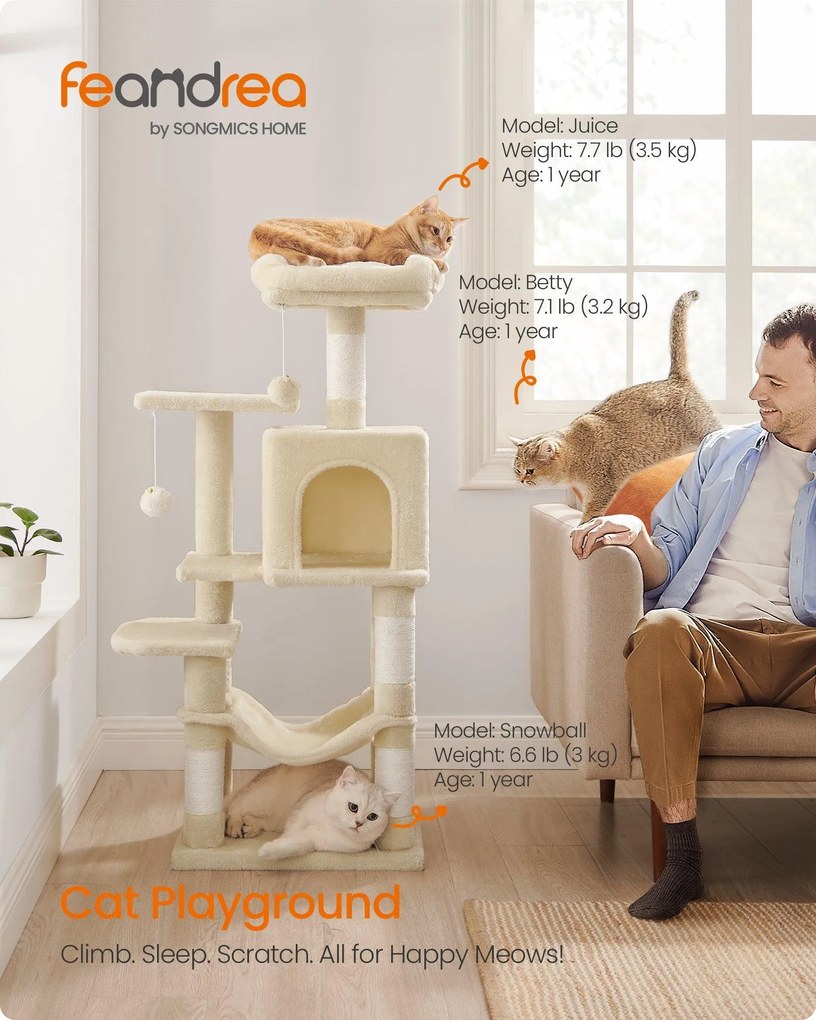 Macska kaparófa, cicatorony, 4 kaparóval, 2 pihenőhely, 40x40x112cm,  bézs