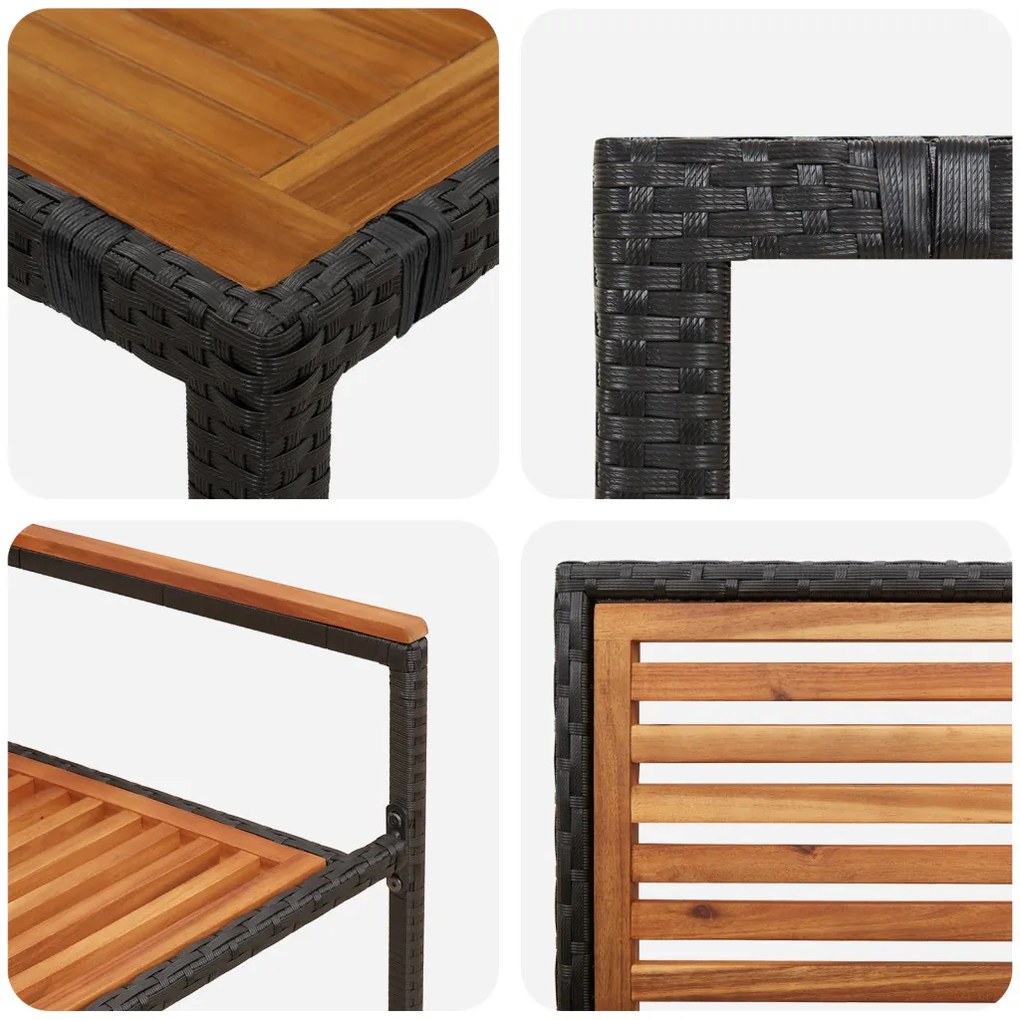 5 darabos kerti étkező szett fekete polyrattan akáccal, rakható kerti székek párnákkal 2 db fekete polyrattan