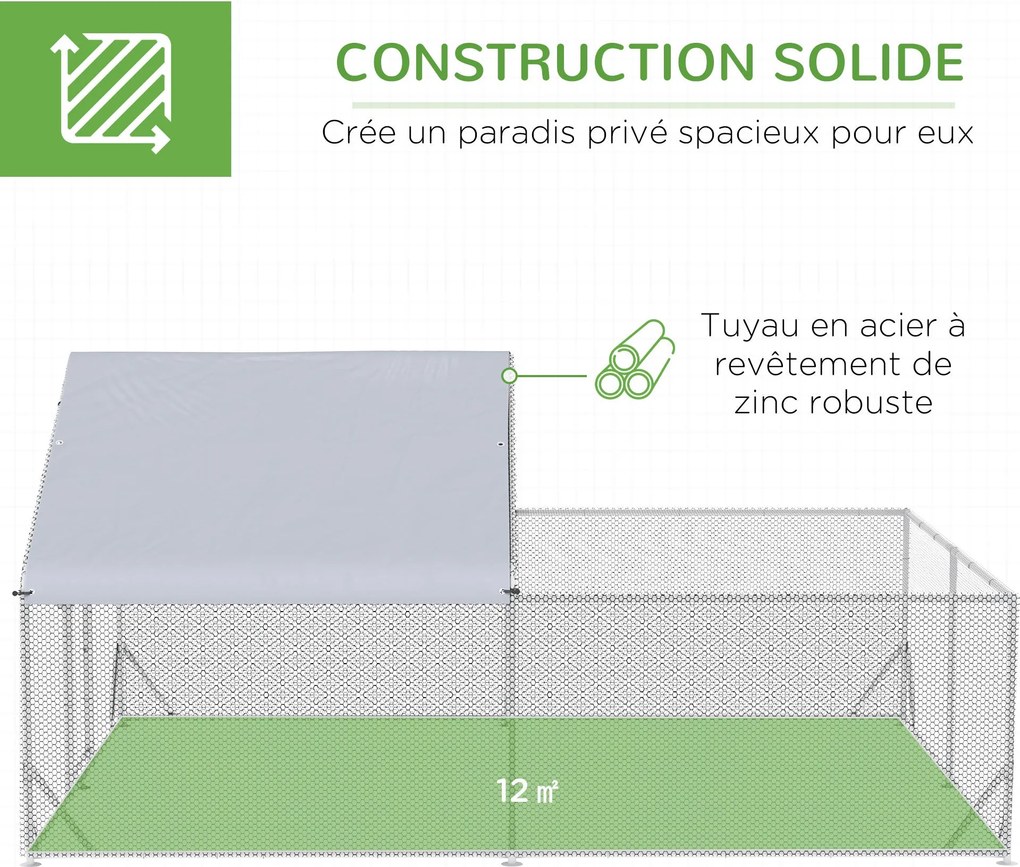 PawHut Kültéri Tyúkól - 12 m² - drótháló borítású kerítés 4L x 3W x 2H m - fedett tér - horganyzott acél | Aosom