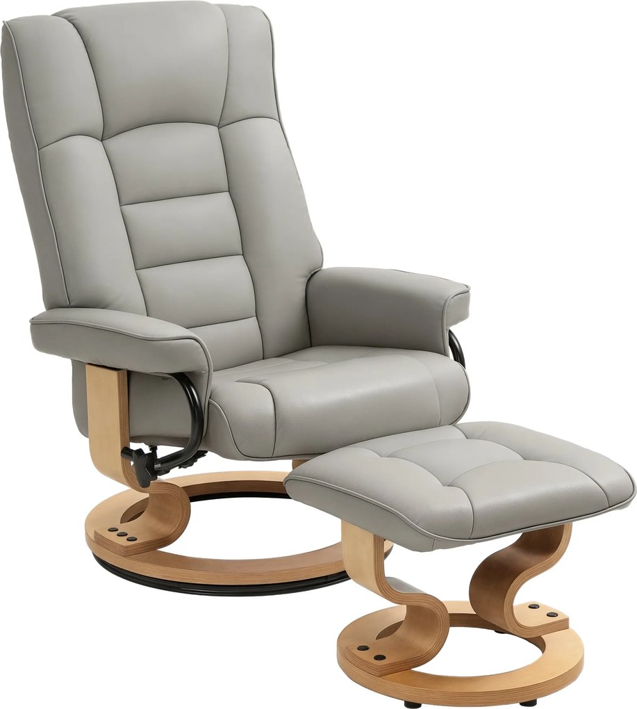 HOMCOM Relaxáló Fotel Ottomannal, Forgatható TV Fotel Reklámbal, Fa Váz, 150 kg-ig Terhelhető, Nappalihoz, Műbőr, Szürke | Aosom