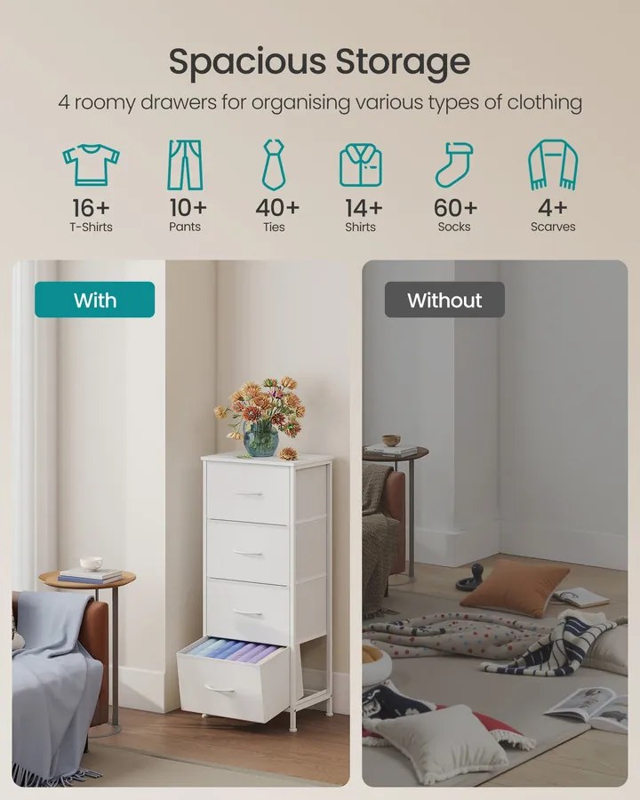 BELLAH kollekció - Modern komód, tárolószekrény 4 fiókkal, felhőfehér és hófehér