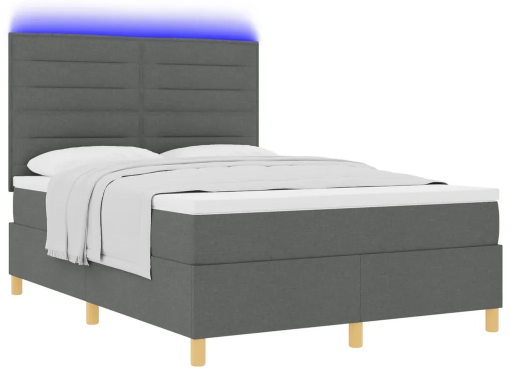 vidaXL Box Spring Ágy matraccal & LED világítással, sötétszürke, 140x200 cm, szövet