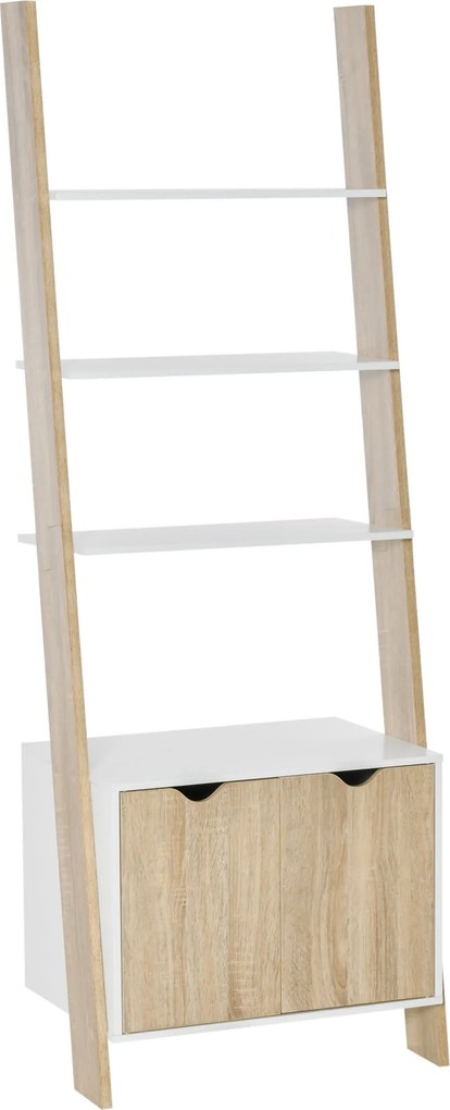 HOMCOM Skandináv Stílusú Fa Létra Könyvespolc 3 Polccal és 1 Tárolószekrénnyel Modern 60x40x171 cm Tölgy és Fehér | Aosom