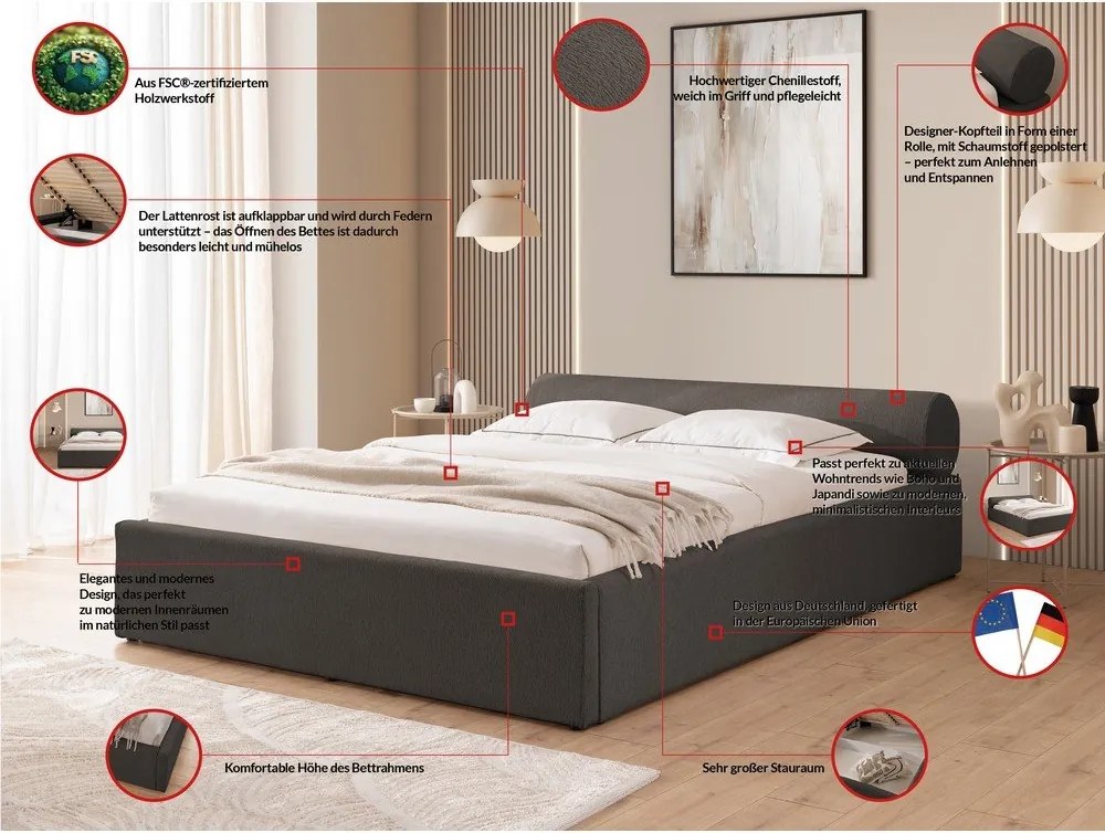 Sötétszürke kárpitozott ágyneműtartós franciaágy ágyráccsal 180x200 cm Cille – Ropez