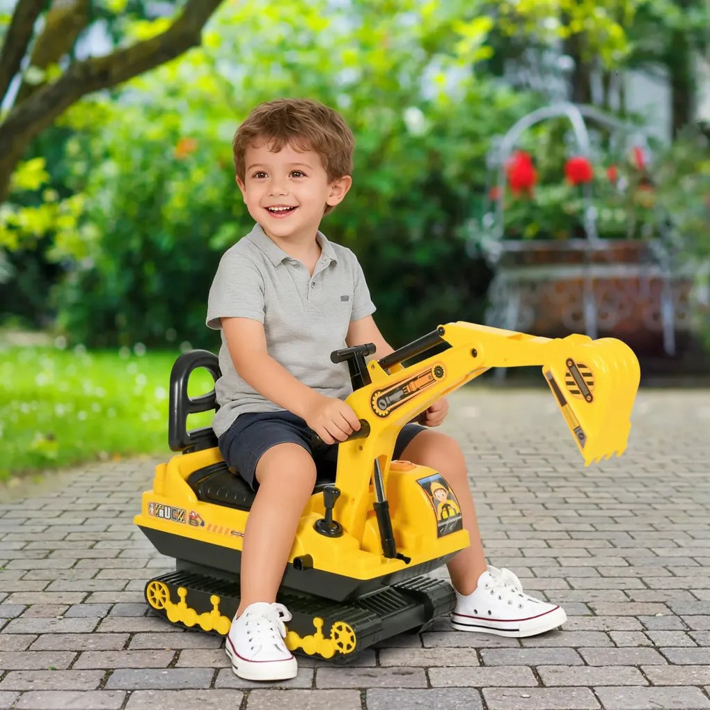HOMCOM Ride-on kotrógép kanállal és kürttel, gyermek kotrógép tárolóval az ülés alatt, sárga